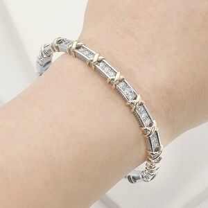 14K Gold Plated Two Tone CZ Pave Crisscross Accent Hinged Bangle Bracelet